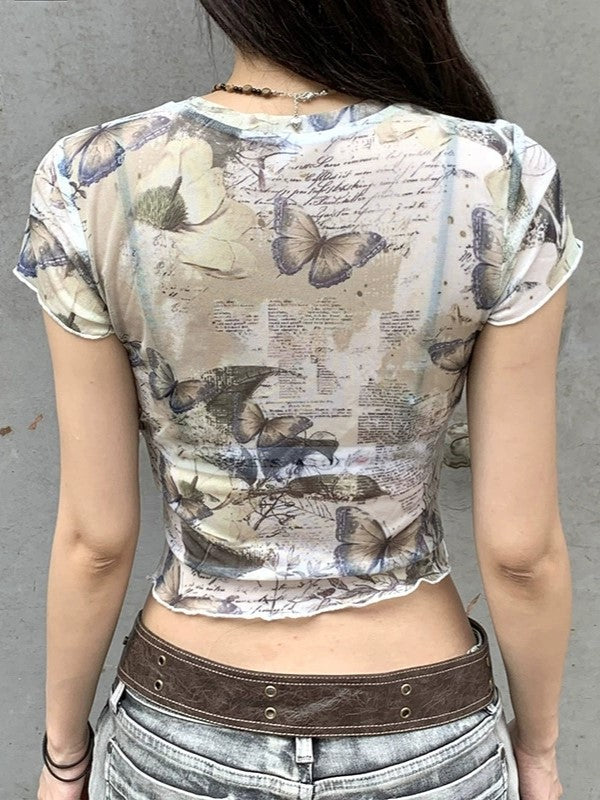 Y2K crop top met mesh en gerolde rand met vlinderprint