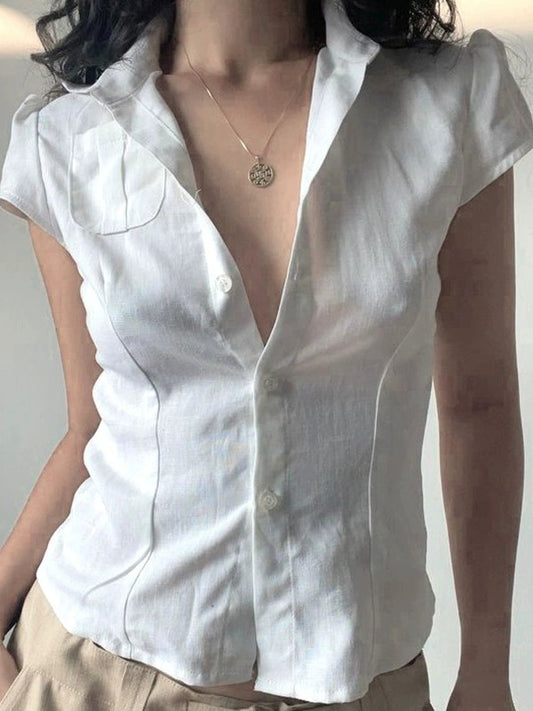 White Vintage Button Front Pocket Blouse