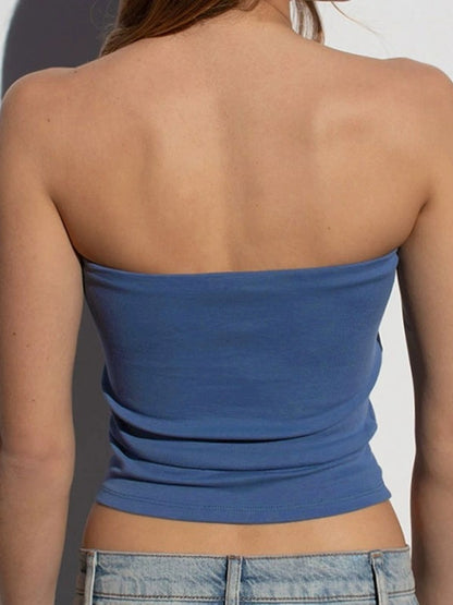 Blauwe Y2K bandeau-top met strikprint