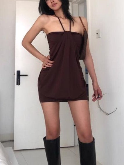 Brown Vintage Halter Off Shoulder Mini Dress