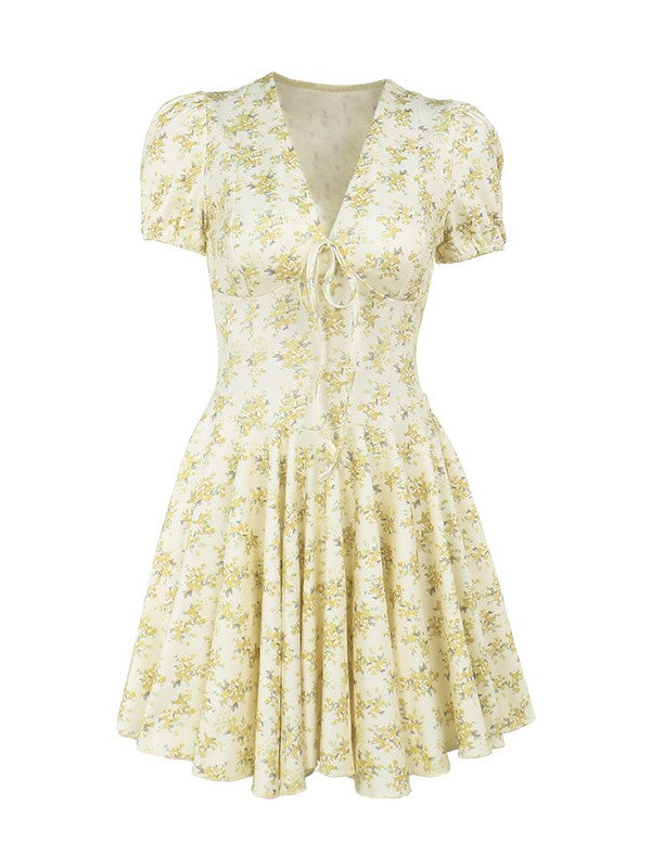 Yellow French Floral Deep V Bubble Short Sleeve Mini Dress