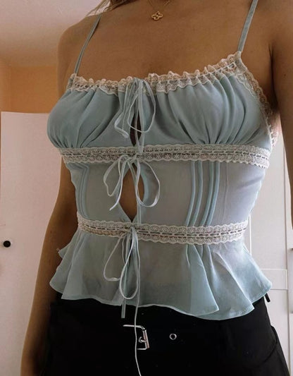 Vintage geplooide gelaagde transparante dubbele cami-top