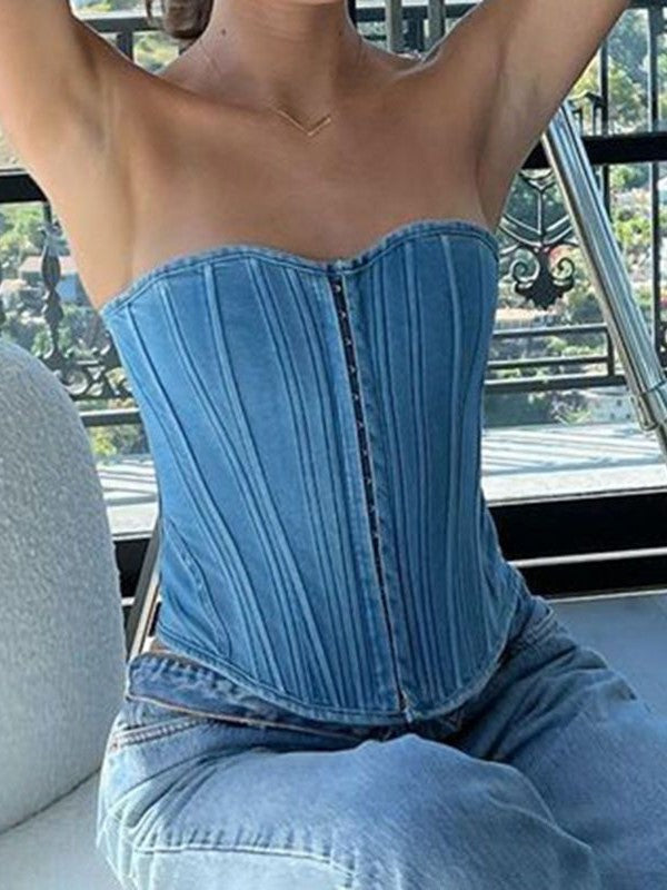 Haut corset en jean bleu vintage à crochets