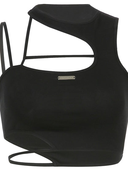 Black Cutout Backless Round Neck Crop Top