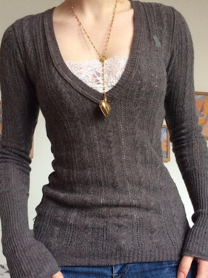 Vintage V Neck Lace Patchwork Cable Knit Top