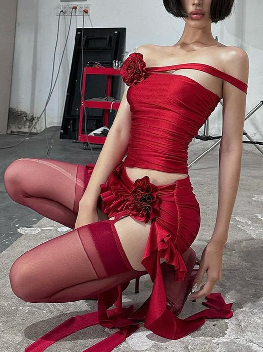 Ensemble deux pièces rouge à décoration florale sexy Y2K