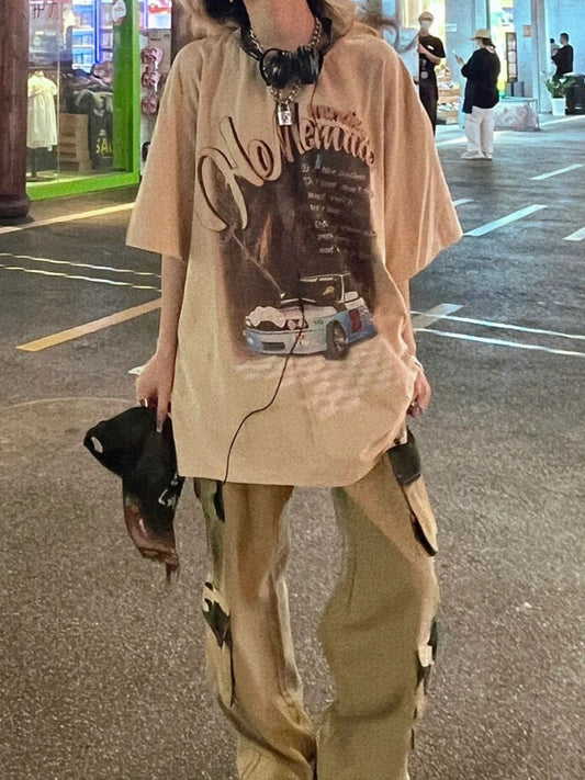 Khaki Hip Hop Oversized Print Short Sleeve Top