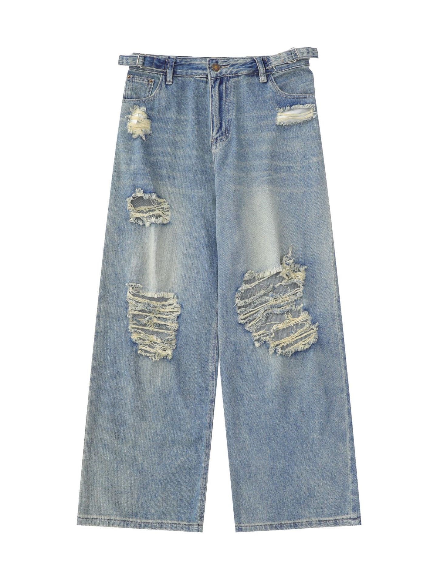 Blauwe vintage noodlijdende wijde pijpen gescheurde jeans