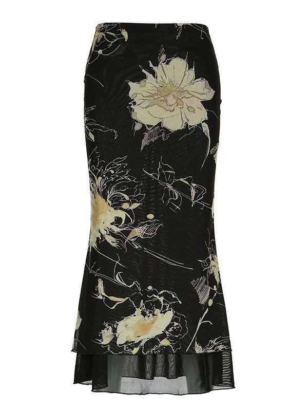 Vintage bloemenprint lage taille maxi rok