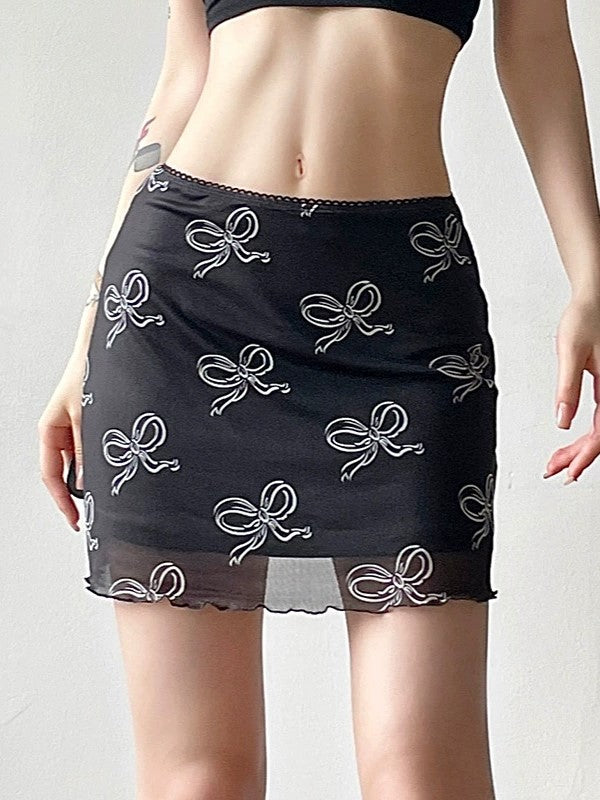 Black Y2K Bow Printed Mesh Mini Skirt