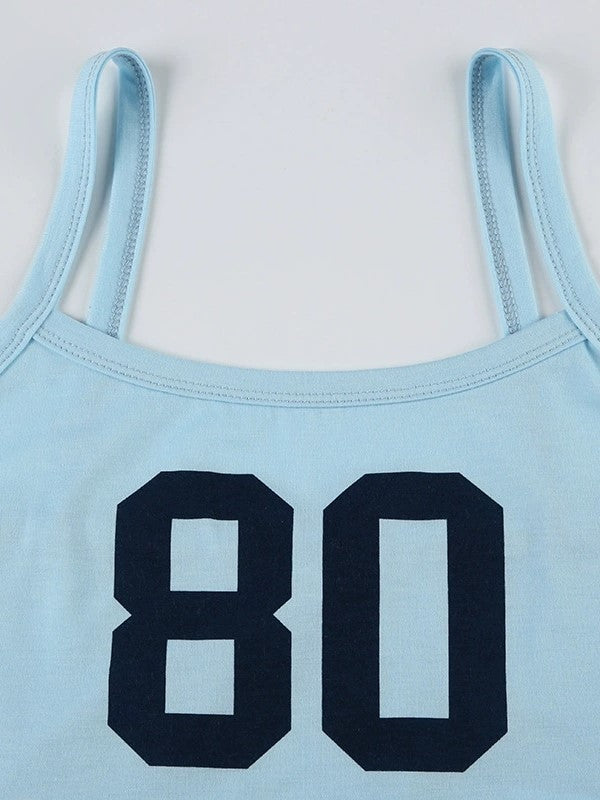 Blauwe Y2K cami crop top met digitale print