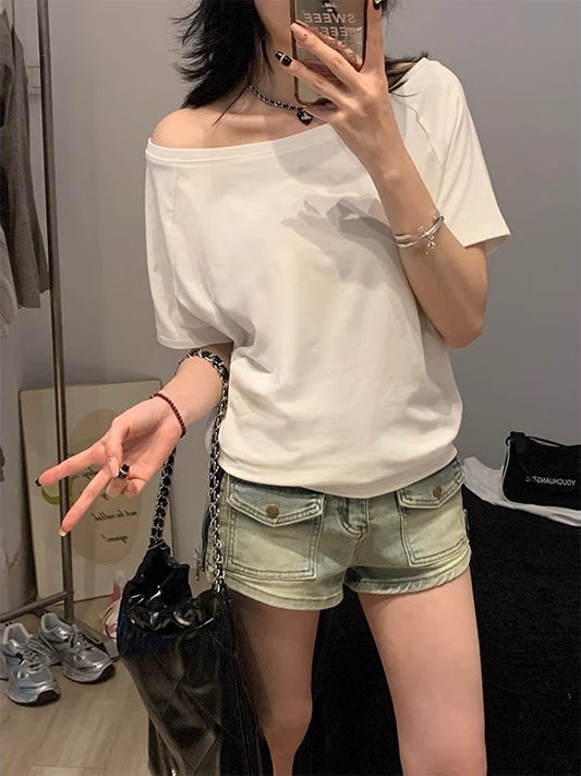 Solid Color Vintage Oversized One Shoulder Short Sleeve T Shirt