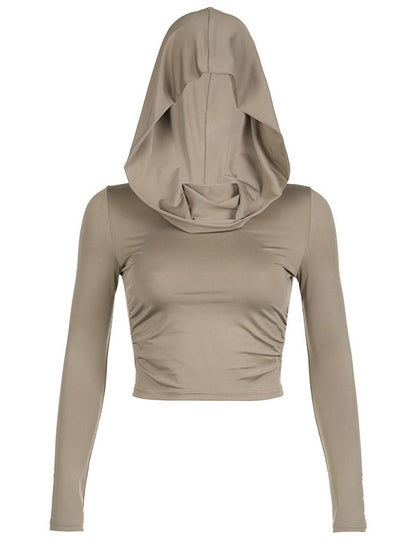 Vintage Pleated Hooded Long Sleeve Crop Top