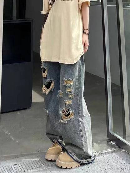 Blauwe Hip Hop Versleten Gescheurde Boyfriend Jeans