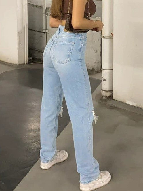 Lichtblauwe boyfriend jeans uit de jaren 2000 met gescheurd ontwerp