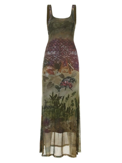 Vintage Botanical Printed Slim Fit Midi Dress