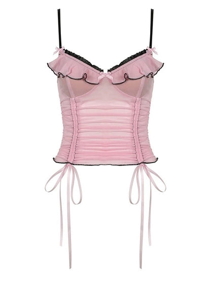 Pink Y2K Drawstring Tie Up Bow Mesh Cami Top