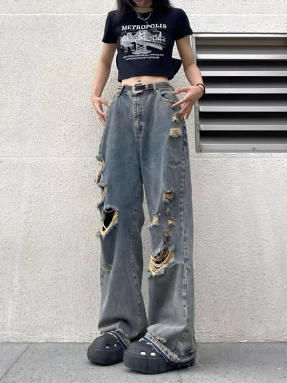 Blauwe Hip Hop Versleten Gescheurde Boyfriend Jeans