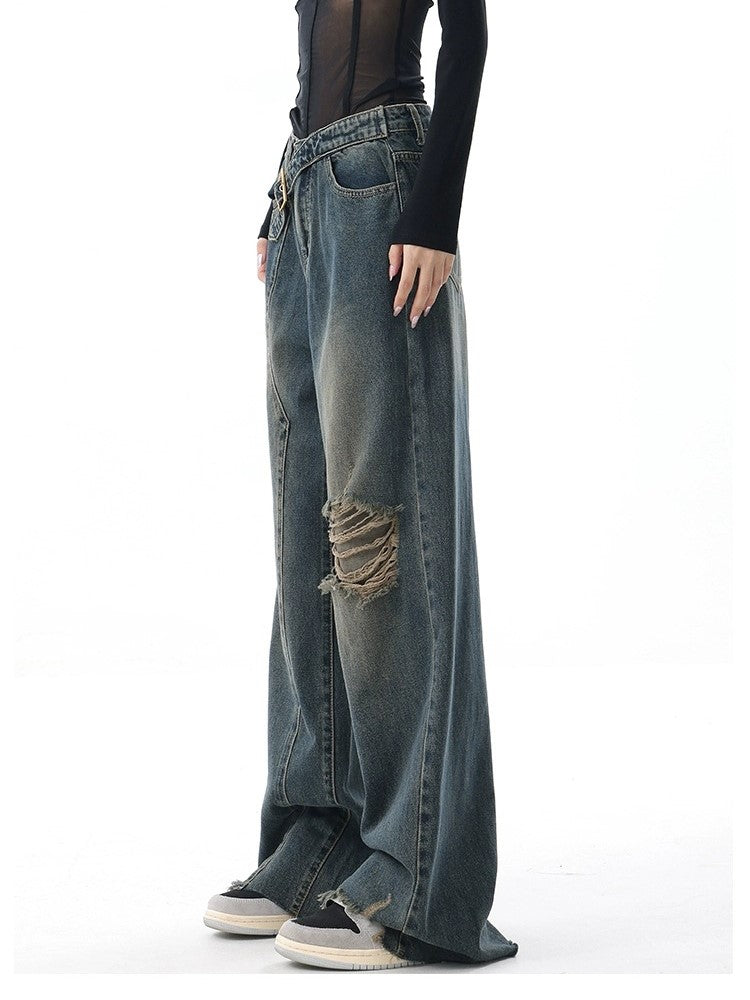 Vintage gewassen baggy boyfriend jeans met gesp en geribbelde details