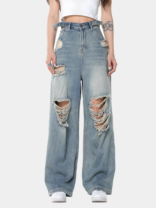 Blue Vintage Distressed Wide Legged Ripped Jeans