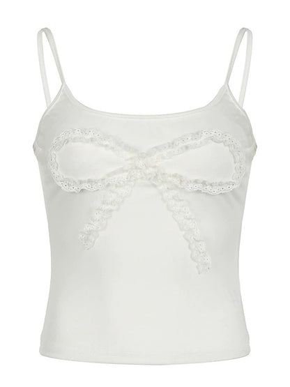 White Lace Bow Splicing Cami Top