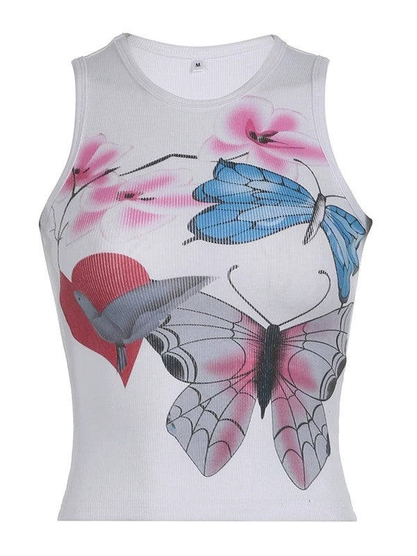 Vintage Floral & Butterfly Print Slim Fit Tank Top