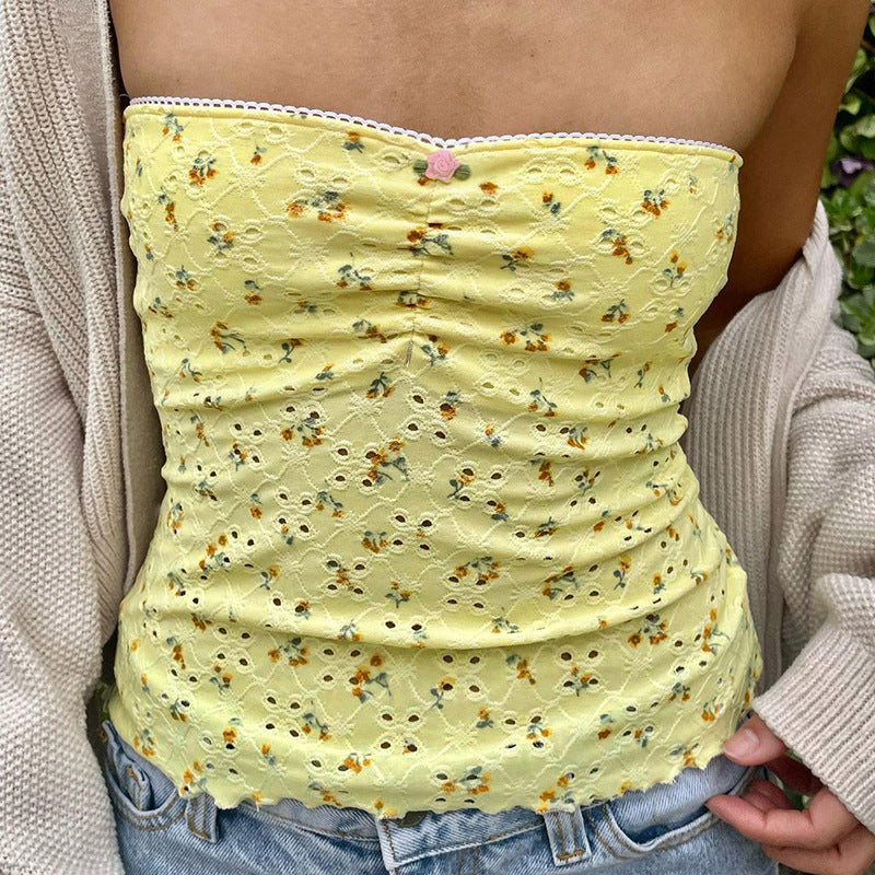 Haut bandeau à volants et découpes en dentelle jaune JY