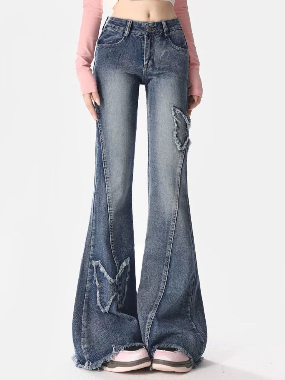 Y2K vlinder geborduurde hoge taille flare jeans