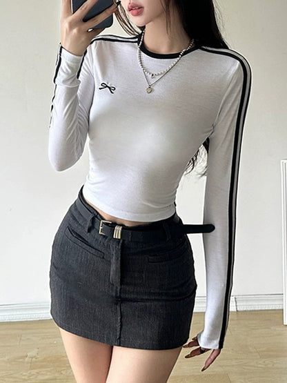 Contrast Y2K Bow Embroidery Slim Long Sleeve Top