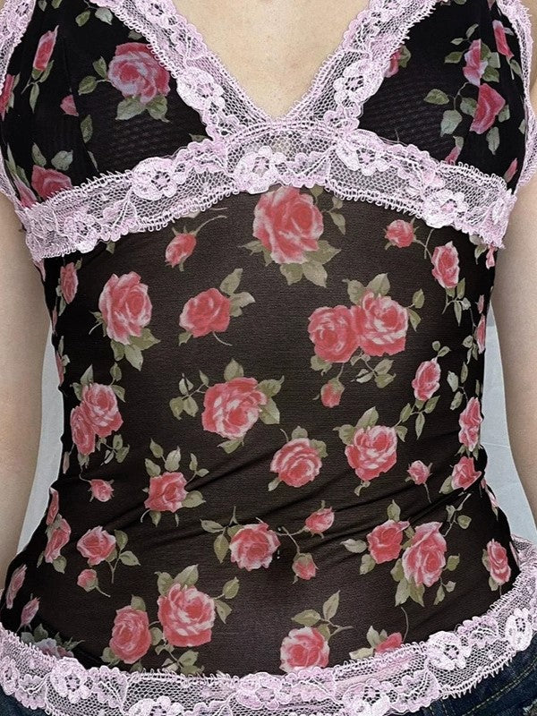 Cami-top met kanten patchwork en Franse rozenprint