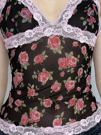 Haut caraco patchwork en dentelle imprimé roses françaises