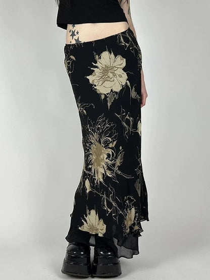 Vintage bloemenprint lage taille maxi rok