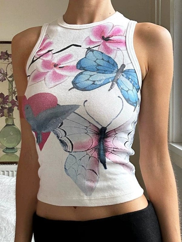 Vintage Floral & Butterfly Print Slim Fit Tank Top