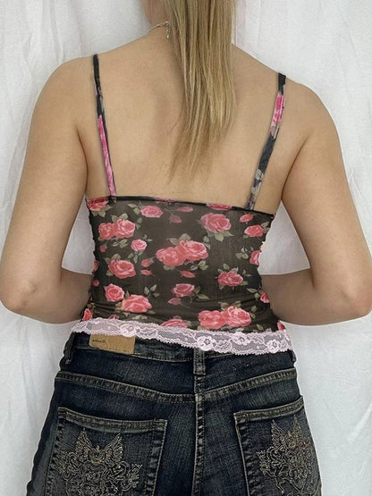 Haut caraco patchwork en dentelle imprimé roses françaises