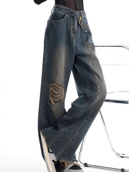 Vintage gewassen baggy boyfriend jeans met gesp en geribbelde details