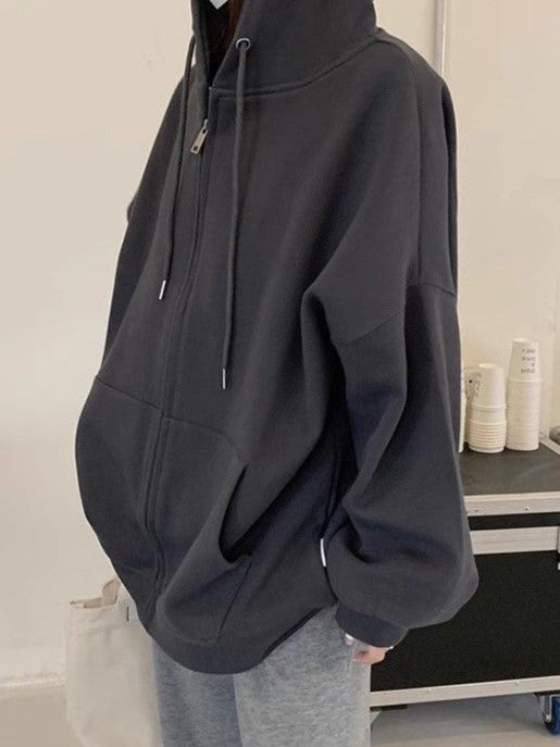 Solid Color Hip Hop Oversized Hoodie with Zip