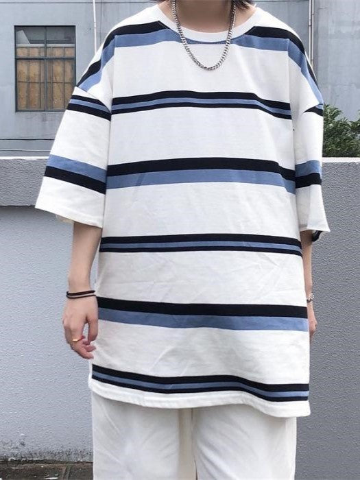 Unisex Contrast Hip Hop Oversized Stripe Short Sleeve Top