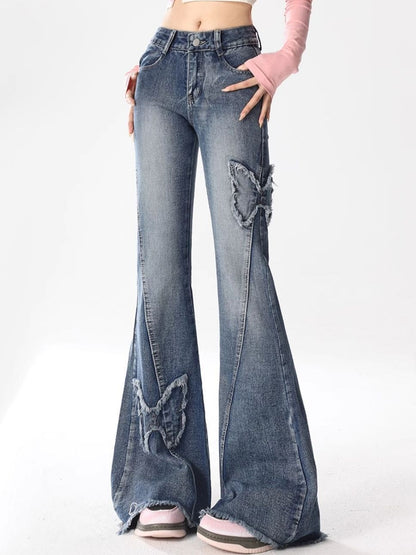 Y2K vlinder geborduurde hoge taille flare jeans