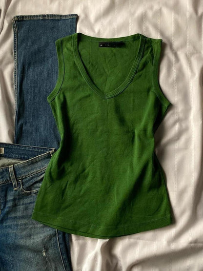 Groene Vintage V-hals Mouwloos Tanktopje