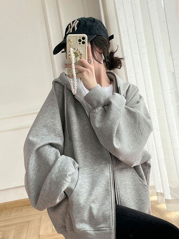 Solid Color Hip Hop Oversized Hoodie with Zip