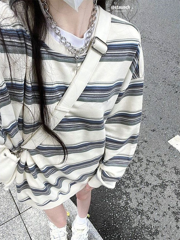 White Vintage Oversized Stripe Long Sleeve Sweatshirt