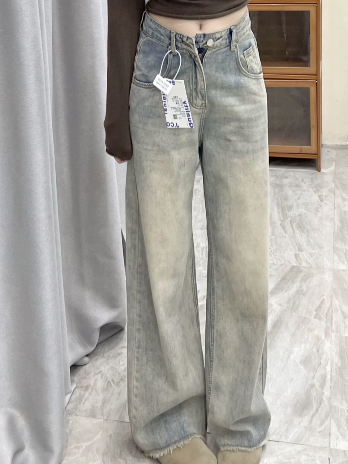 Light Vintage Faded Effect Raw Edge Boyfriend Pants