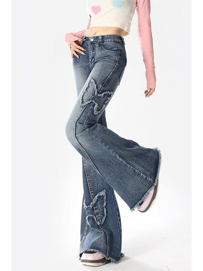 Y2K vlinder geborduurde hoge taille flare jeans