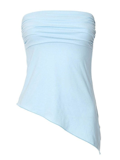 Blauwe zoete off-shoulder gerimpelde top met schuine zoom