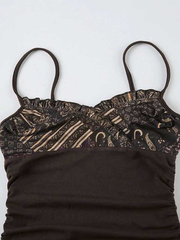 Brown Vintage Printed Ruffled Edge Cami Top