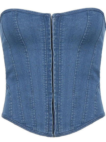 Haut corset en jean bleu vintage à crochets