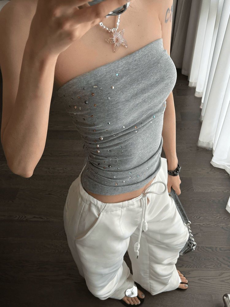 Haut bandeau noué dans le dos avec strass gris