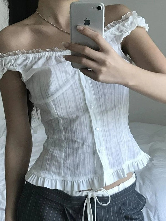 French Lace Trimmed Off Shoulder Button Front Blouse