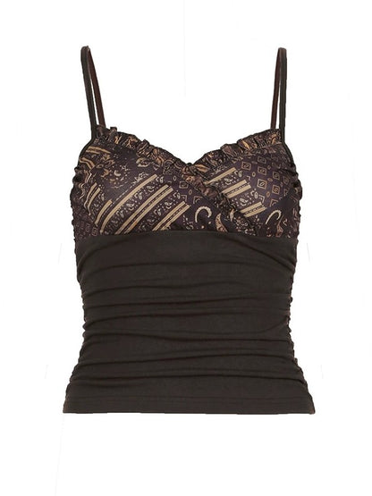 Bruine vintage bedrukte cami-top met gegolfde rand