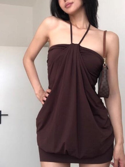 Brown Vintage Halter Off Shoulder Mini Dress